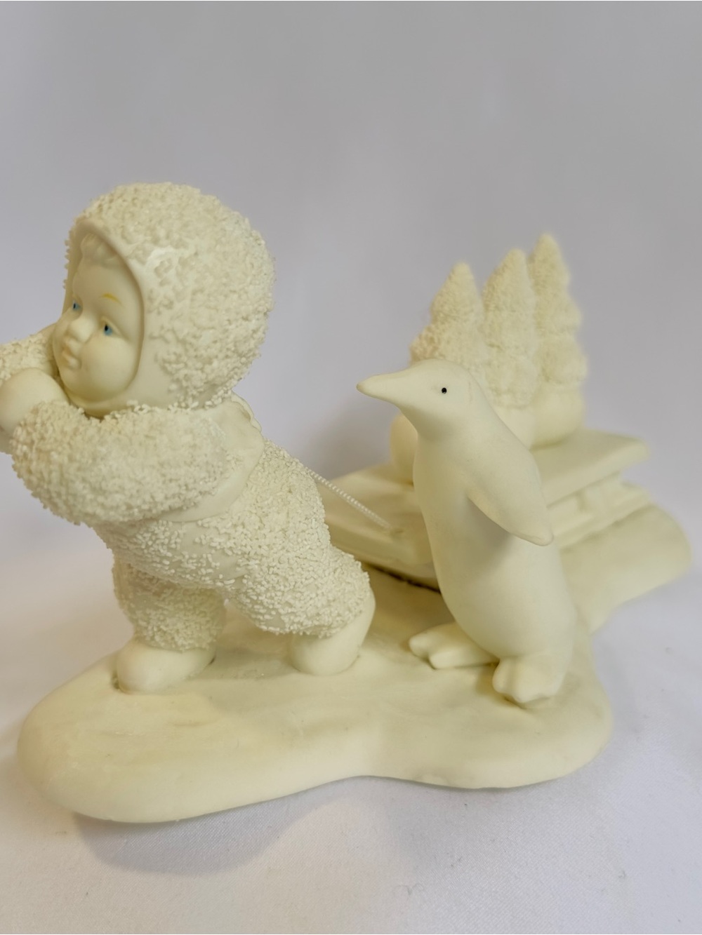 Vtg Department 56 Snow Babies "Bringing Starry Pines" with Penguin Sled & Pine T